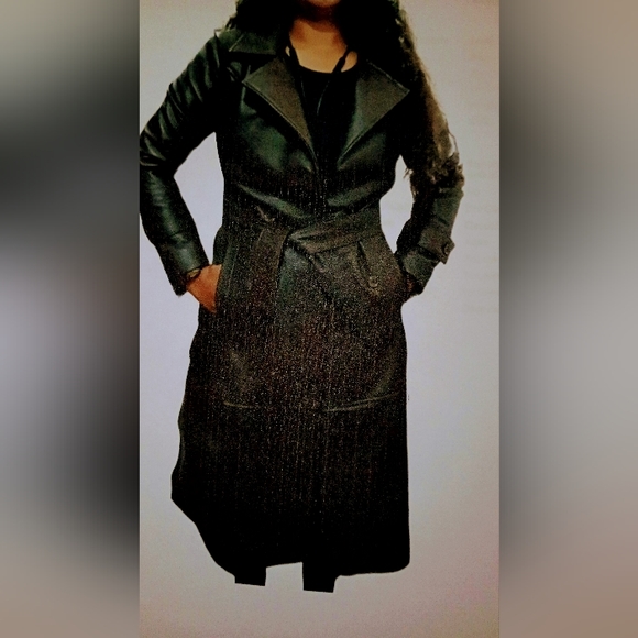 BURKS BAY BLACK LEATHER BELTED TRENCH COAT - Picture 4 of 5
